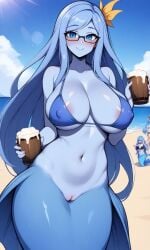 ai_generated anahita beach beer big_breasts bikini blue_body blue_eyes blue_hair blue_skin blush breasts calamity_mod colored colored_skin mermaid nipples_visible_through_clothing smile terraria