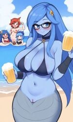 ai_generated anahita anime_girls beach beer big_breasts bikini blue_body blue_eyes blue_hair blue_skin blush breasts calamity_mod colored colored_skin mermaid smile terraria