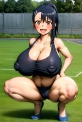 1girls abs ai_generated big_breasts breasts female gym_clothes hayase_nagatoro kunaboto_(style) looking_at_viewer musclegut no_bra no_panties partially_clothed please_don't_bully_me,_nagatoro ponytail reficulsenpai solo solo_female sports_bra squatting