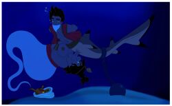 1boy 1girls aladdin aladdin_(1992_disney_film) aladdin_(character) asphyxiation big_breasts blowjob disney drowning female genie_(aladdin) male merman serisabibi shark submerged sucking_penis tagme underwater underwater_peril underwater_peril_aladdin