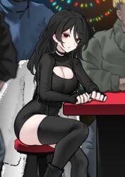 bandit-chan_(k0ng) bar_(place) black_hair boob_window boots choker christmas christmas_lights clothed curvy curvy_figure k0ng looking_at_viewer medium_breasts red_eyes sleeves stool table thighhighs thighs