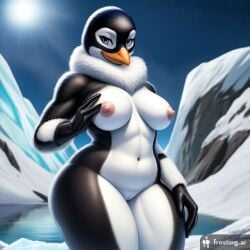 ai_generated big_ass big_breasts black_body blue_eyes cold day female frosting.ai furry ice looking_at_viewer nude penguin pussy smile touching_breast white_body