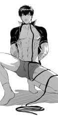 abs arms_behind_back awu925925 bulge collar full_body gintama hijikata_toshiro leash leash_and_collar looking_down male male_only monochrome muscular muscular_male open_shirt restrained solo sweatdrop underwear wearing_others_clothes