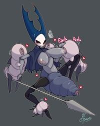 2025 4:5 absurd_res angry anthro areola arthropod arthropod_abdomen bayonet_(artist) big_breasts biped bodily_fluids breast_play breast_suck breasts duo english_text female flukes_(hollow_knight) heart_symbol hi_res hollow_knight male male/female mantis_lord melee_weapon motion_lines nipples on_ground signature sound_effects sucking sweat sweatdrop team_cherry text uncensored weapon