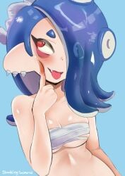 1girls blue_background blue_hair breasts deep_cut_(splatoon) digital_drawing_(artwork) digital_media_(artwork) eye_rolling_back female female_focus female_only hair_over_one_eye half_body nintendo octoling red_eyes shiver_(splatoon) shiver_hohojiro simple_background skankingsalmonid splatoon splatoon_(series) splatoon_3 teasing teasing_viewer twitter_username watermark wrappings wraps