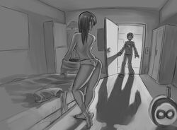 aged_up ass back bed bedroom breasts clothes codename:_kids_next_door exposed_breasts female greyscale hair human kuki_sanban male monochrome numbuh_3 numbuh_4 panties short_hair standing straight_hair topless wallabee_beetles