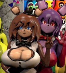 anthro arms bear bear_girl big_breasts black_bowtie blue_eyes bonfie_(cally3d) bonnie_(cally3d) bonnie_(fnia) bowtie breasts bunny_girl bunnygirl bunnysuit cinema4d clothed clothed_female cropped_image eyes female five_nights_at_freddy's five_nights_at_freddy's_2 five_nights_in_anime five_nights_in_anime:_after_hours fnaf fnia forearms freddy freddy_(fnia) fredina fredina's_nightclub fredina_(cally3d) furry_female hands low_res lowres nightfnia peace_sign rabbit_girl red_bowtie red_eyes robot robot_girl solo solo_anthro solo_female tagme tagme_(artist)