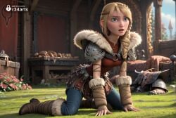 1girls ai_generated all_fours armor artist_name astrid_hofferson belt blonde_hair blue_eyes blue_pants blurry blurry_background boots braid breasts brown_footwear day dreamworks flower fur_trim grass hair_over_shoulder helmet hi_res how_to_train_your_dragon indoors kneeling lips long_hair nose open_mouth outdoors pants parted_lips r34arts red_shirt shirt shoulder_armor single_braid solo teeth unworn_headwear unworn_helmet