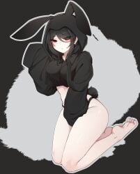 bandit-chan_(k0ng) black_hair bottomless bunny_ears bunny_girl bunny_tail cute k0ng medium_breasts oversized_clothes red_eyes soles thighs