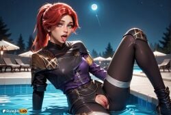 1girls ai_generated arm_support artist_name blue_eyes boots breasts clair_obscur:_expedition_33 female full_moon hi_res knee_up long_hair looking_at_viewer maelle_(clair_obscur:_expedition_33) moon night night_sky open_mouth outdoors ponytail pool pussy red_hair rule34lab sitting sky solo tongue tongue_out torn_clothes tree uncensored water