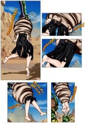 barefoot big_bulge bleach cell_(dragon_ball) cell_vore damaged_clothes dragon_ball dragon_ball_z fighting_back flesh_tunnel futile_resistance internal_view kuchiki_rukia lifted_by_another muffled_moaning shaking_legs soleswallower squirming tail_bulge tail_vore vore