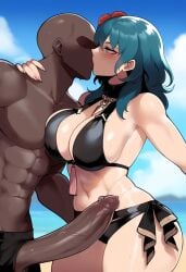 1boy 1boy1girl ai_generated ass bald_man beach big_ass big_breasts big_penis black_bikini black_male_white_female blush blushing_at_partner byleth_(female)_(summer)_(fire_emblem) byleth_(fire_emblem) byleth_(fire_emblem)_(female) byleth_(summer)_(fire_emblem)_(female) child_bearing_hips dark-skinned_male dark_skin dat_ass day dragon_girl dragon_humanoid falling_in_love fat_ass female fire_emblem fire_emblem:_three_houses fire_emblem_heroes flower_in_hair green_eyes green_hair head_accessory huge_ass human human_female interracial kiss_on_lips kissing large_ass large_breasts light-skinned_female light_skin long_hair male male/female manakete outdoors pawg sweat thick thick_ass thick_thighs wide_hips yojorock