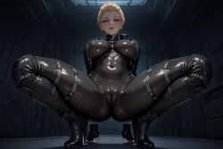 ai_generated blonde_female blonde_hair blue_eyes bodysuit cameltoe colapsfn covered_nipples erect_nipples erect_nipples_under_bodysuit erect_nipples_under_clothes hard_nipples high_heels ines_(the_first_descendant) latex_suit nipples solo solo_female solo_focus squatting the_first_descendant