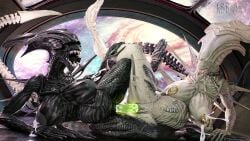 2girls alien alien_(franchise) alien_girl aliens breasts dildo double_sided_dildo female giantess kbbart kingbigballs milf nipple_piercing pregnant pregnant_female pussy vaginal_insertion yuri