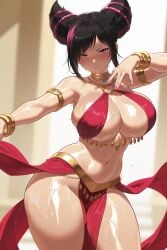 1girl ai_generated at big_breasts black_hair breasts dancer dancer_outfit exotic_dancer female juri_han large_breasts looking makeup pink_eyes purple_eyes shiny_skin short_hair solo_focus street_fighter thick_thighs thighs viewer