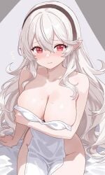 1girls black_hairband blush breasts cleavage corrin_(female)_(fire_emblem) corrin_(female)_(novice_vacationer)_(fire_emblem) corrin_(fire_emblem) corrin_(fire_emblem)_(female) female female_focus female_only fire_emblem fire_emblem_fates fire_emblem_heroes flower frilled_skirt front-tie_bikini grey_hair hair_between_eyes hair_flower hair_ornament hairband large_breasts long_hair looking_at_viewer midriff n_54 naked naked_female nude nude_female pointy_ears red_eyes solo thighs white_hair