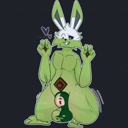 1boy 2d 2d_(artwork) anthro bunny furry_only green_fur huge_balls lock_bulge male male_only shallotohare slime slime_man solo_focus twink