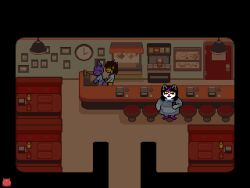 animated anthro bladedbard catti_(deltarune) deltarune digital_media_(artwork) duo female human kris_(deltarune) lagomorph leporid male male/female mammal pixel_(artwork) pixel_animation qc_(deltarune) rabbit snowdin_shopkeeper undertale_(series)