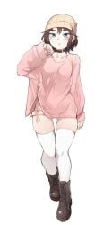 beanie blue_eyes blush blush boots brown_hair k0ng loner-chan_(k0ng) looking_at_viewer oversized_clothes petite pink_shirt small_breasts thighhighs thighs white_thighhighs