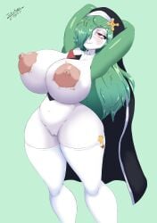 1girls absurd_res anthro areolae arms_behind_head big_breasts female female_only gardevoir generation_3_pokemon green_hair hair_over_one_eye huge_breasts jakatoshi large_areolae long_hair looking_up mostly_nude naked naked_female nipples nude nude_female nun nun_gardevoir_(cervina7) nun_hat pokemon pokemon_(species) puffy_areola pussy red_eyes smile solo thick_thighs thighhighs white_skin white_thighhighs