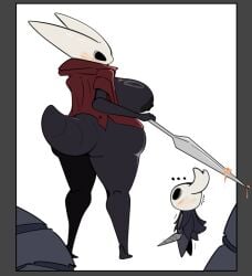 anthro areolae arthropod ass big_breasts black_body black_eyes blush bodily_fluids breasts digital_media_(artwork) duo female fur genital_fluids ghost_drawings hollow_knight hornet_(hollow_knight) huge_breasts humanoid insects male male/female mammal nipples nude simple_background tail team_cherry the_knight_(hollow_knight) thick_thighs vessel_(species) wide_hips