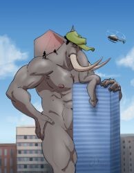 abs anthro building city city_background covered_penis covering elephant elephantid extreme_size_difference hi_res looming_over macro macro_anthro macro_male male mammal muscular muscular_anthro muscular_male pachyderm pecs proboscidean proboscis_(anatomy) size_difference solo trunk_(anatomy) tusks wolfsecret