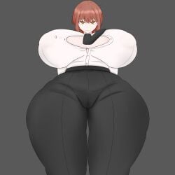 big_hips button_pop godwyntami huge_breasts makima_(chainsaw_man) tight_clothing