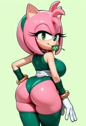 ai_assisted ai_generated amy_rose amy_rose_(boom) big_breasts big_butt big_thighs civitai clover green_background green_outfit half-closed_eyes hand_on_hip hedgehog hedgehog_girl looking_at_viewer looking_back mouth_hold sega sonic_(series) sonic_boom sonic_the_hedgehog_(series) st._patrick's_day