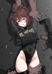 2boys blue_eyes blush blush_lines brown_hair bullets captured captured_heroine female fit_female gritted_teeth gun impending_sex k0ng loner-chan_(k0ng) magazine_(weapon) petite sweat tight_clothing