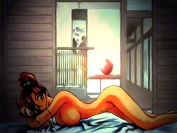 1990s 1997 1girls 20th_century ashkanie big_breasts bishoujo_senshi_sailor_moon edit female female_only human indoors large_breasts laying_on_bed makoto_kino nude occult_(artist) solo straight_hair sunlight_rays tagme