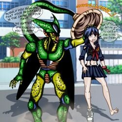 angry_expression cell_(dragon_ball) cell_vore crossover damaged_clothes dragon_ball dragon_ball_z forced_vore grabbed_from_behind grabbing_head imminent_vore kill_la_kill matoi_ryuuko one_shoe soleswallower