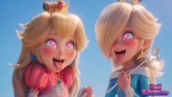 2girl ahegao ahegao_face ai_generated blonde_female blue_dress blushing covered_eye female/female heart_eyes illumination_entertainment light-skinned_female light_skin long_hair nintendo pink_dress princess princess_peach princess_peach_(movie) princess_rosalina princess_rosalina_(movie) star_rod super_mario_galaxy_(2026_film) tongue_out x_username yallahs80