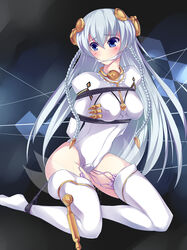 1girls ar_tonelico ar_tonelico_i ar_tonelico_ii arms_behind_back blue_eyes blush bodysuit bondage braid breast_bondage breasts clothing crotch_plate female frogtie gag gagged hair_ornament highres kneeling long_hair maullarmaullar pussy_juice pussy_juice_drip remote_control_vibrator rope see-through shurelia silver_hair solo stockings thighhighs twin_braids very_long_hair vibrator vibrator_under_clothes white_legwear