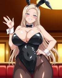 1girls ai_generated bare_thighs blonde_hair blue_eyes breasts bunny_ears bunny_girl bunnysuit eroero_waifus gigantic_breasts gyaru hand_on_hip huge_breasts huge_thighs kurashiki_reina leotard light-skinned_female light_skin long_hair looking_down low-angle_view massive_breasts rabbit_ears saimin_seishidou smiling solo solo_female squatting sweat sweatdrop thick_body thick_female thick_thighs thighs voluptuous voluptuous_female