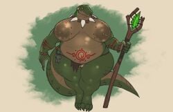 anthro areola belly belly_tattoo big_areola big_belly big_breasts bottomwear breast_tattoo breasts clothing crocodile crocodilian female genitals hi_res huge_areola huge_breasts loincloth nbusagi nipple_piercing nipples obese obese_anthro obese_female overweight overweight_anthro overweight_female piercing reptile scalie solo tattoo thick_thighs tribal vulva wide_hips
