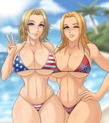 2girls 4th_of_july american_flag_bikini arms_around_partner arms_around_waist arms_behind arms_on_waist beach big_breasts blonde_hair blue_eyes blush breasts breasts confederate_flag_bikini dead_or_alive dixie_clemets eyebrows eyelashes eyeshadow fingers fourth_of_july hand_on_waist holding_waist large_breasts legs lettucehead lipstick peace_sign rumble_roses sand shoulders teeth thick_lips thick_thighs thighs thin_waist tina_armstrong tree waist waist_grab