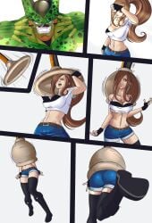 ass ass_view black_boots black_gloves bra_peek cell_(dragon_ball) curvy_female dragon_ball dragon_ball_z fearful_expression female_focus godvore imminent_vore long_stockings oc ponytail shirt_down short_jeans struggling tail_bulge tail_vore