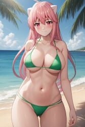 1girl ahoge ai_generated bangs bare_shoulders beach bikini blue_sky blush breasts clavicle cleavage closed_mouth clothing cloud day elfen_lied female green_bikini green_swimsuit hair_between_eyes halterneck horizon horns large_breasts long_hair looking_at_viewer lucy_(elfen_lied) navel ocean outdoors palm_tree pink_eyes pink_hair red_eyes rena_aikawa_(pixiv_user) sand skindentation sky smile solo standing stomach string_bikini swimsuit thighs tree underboob very_long_hair water