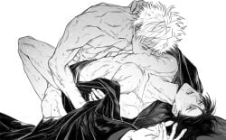 2boys blush embrace gay gintama gintoki_sakata head_back hijikata_toshiro holding_waist huaisheng hug implied_anal kimono male male_only monochrome muscular muscular_male no_visible_genitalia nude open_clothes open_kimono pec_sucking scars sucking_male_nipple sucking_nipples sucking_pecs sweat yaoi