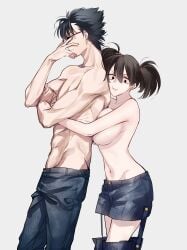 1boy 1girls big_breasts black_hair breast_press breast_squish denim_shorts embrace female gintama hug hugging_from_behind jean_shorts jeans kawakami_bansai male pale-skinned_female pale_skin shorts sideboob sunglasses toned_male topless topless_female topless_male tsuduki_owari twintails yamazaki_sagaru yamazaki_shisako