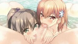 1boy 2girls animated ass atelier_kaguya atelier_kaguya_honky-tonk_pumpkin blush brown_hair bubble_de_house_de_marumarumaru censored collaborative_fellatio completely_nude completely_nude_female fellatio game_cg green_eyes hairpin izumi_fuuka licking_penis long_hair looking_at_viewer morishita_nagisa nude oral orange_hair penis red_eyes short_hair smile threesome water yoppy