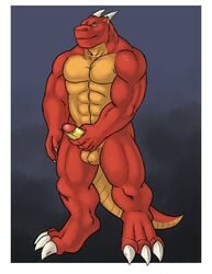 abs adios balls biceps dragon drayo erection horn humanoid_penis looking_at_viewer male male_only muscles nude penis red_dragon scalie solo standing the_farewelled