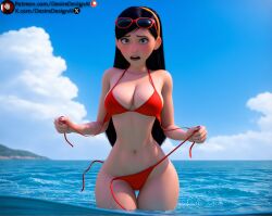 ai_generated bangs beach bikini black_hair blue_eyes blue_sky blush breasts cleavage clothing cloud day desiredesignai disney eyewear eyewear_on_head female female female_only hairband hi_res high_quality high_resolution highres large_breasts long_hair looking_at_viewer medium_breasts nail_polish navel ocean open_mouth outdoors pixar purple_eyes red-framed_eyewear red_bikini red_swimsuit side-tie_bikini_bottom sky solo stable_diffusion standing summer sunglasses surprised swimsuit the_incredibles the_incredibles_2 thigh_gap untied untied_bikini violet_parr wading wardrobe_malfunction water