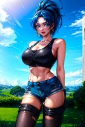 1girls ai_generated babe beautiful beautiful_females blue_hair_female blue_ponytail blue_sky busty_female cleavage clouds countryside crop_top curvy day earrings female grass grass_field holes holes_in_clothes jeans king_of_fighters king_of_fighters_xiii large_breasts legs leona_heidern lipstick looking_at_viewer military military_uniform mini_skirt nature_background navel ponytail sexy smiling snk snk_heroines:_tag_team_frenzy solider spring stable_diffusion sunlight toongenai trees video_game_character video_game_franchise video_games