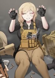 blonde_female blonde_hair blush blush bullets clothed gloves hands_up huge_breasts impending_sex k0ng merc-san_(k0ng) military_uniform smoke surrendering sweat worried_face