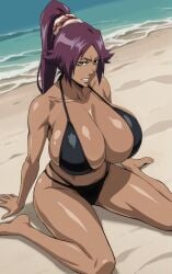 1girls alluring bare_legs beach big_breasts bleach brown_skin cleavage ocean on_knees pin_up purple_hair shihouin_yoruichi shihouin_yoruichi yxyyxy