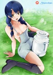 1girls barely_clothed blue_hair braided_hair brown_eyes cleavage flatpancakes from_above happy happy_female high_boots highres milk_tank nipples_covered outdoor_nudity outdoors overalls overalls_only patreon_username pink_nipples shokugeki_no_souma simple_background sitting smiling_at_viewer tadokoro_megumi