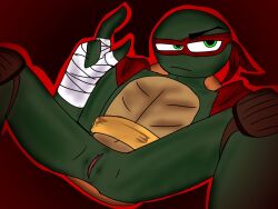 annoyed_expression bandage cuntboy green_body intersex legs_apart legs_spread low_quality male male_only pussy raphael raphael_(tmnt) red tmnt_2012