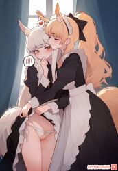 2girls absurdres ai_assisted alternate_costume animal_ear_fluff animal_ears apron arknights artist_name bangs black_bow black_dress blemishine_(arknights) blonde_hair blush bow bow_panties breasts character_request cleft_of_venus closed_eyes closed_mouth clothes_lift commentary cowboy_shot crotchless crotchless_panties curtains digital_media dress dress_lift embarrassed english_commentary enmaided eyebrows_visible_through_hair frilled_apron frilled_dress frills hairbow hand_on_own_chin heart highres horse_ears horse_girl horse_tail indoors lattekoi5252 lifting_own_clothes light-skinned_female light_skin long_hair long_sleeves looking_at_another maid maid_apron maid_headdress multi_ear multiple_females multiple_girls navel panties patreon_logo patreon_username platinum_(arknights) ponytail pussy shy smile spoken_blush spoken_heart standing tail underwear vagina very_long_hair white_apron white_hair white_panties window yellow_eyes