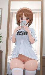 1girls ai_generated bedroom blush bottomless breasts brown_hair girls_und_panzer holding_phone mirror mirror_reflection mirror_selfie nishizumi_miho oversized_shirt pixai pussy pussy_juice self_upload short_hair skindentation smartphone solo tagme taking_picture thick_thighs thighhighs vaginal_fluids white_shirt